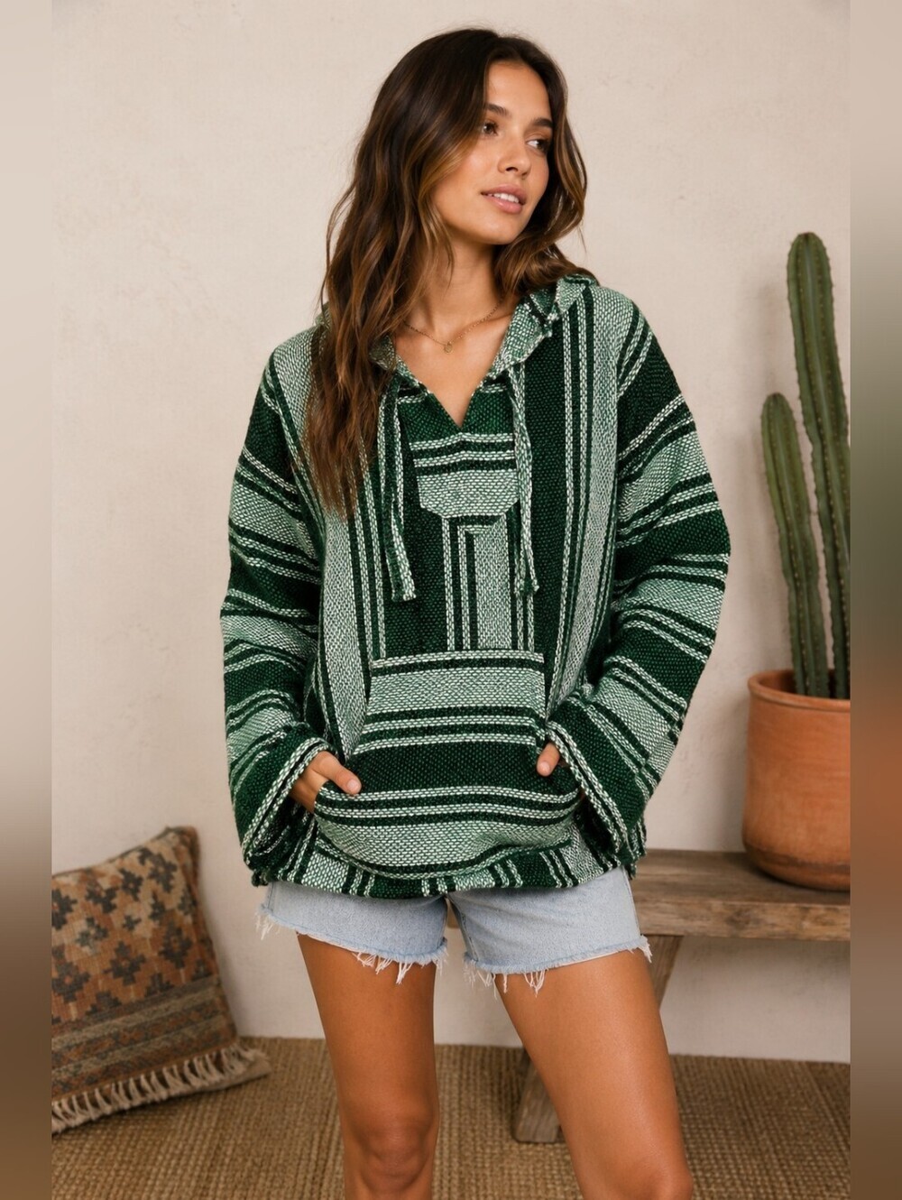 Vintage Baja Hoodie Pullover Green Striped Mexican Blanket Sweater